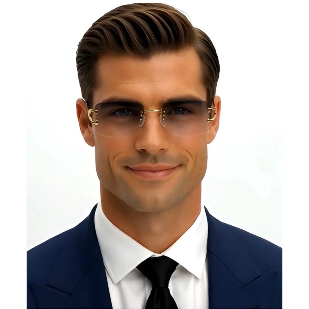 Rimless Rectangle Sunglasses Gold Frame Green Lens Fashion Shades Men Street New